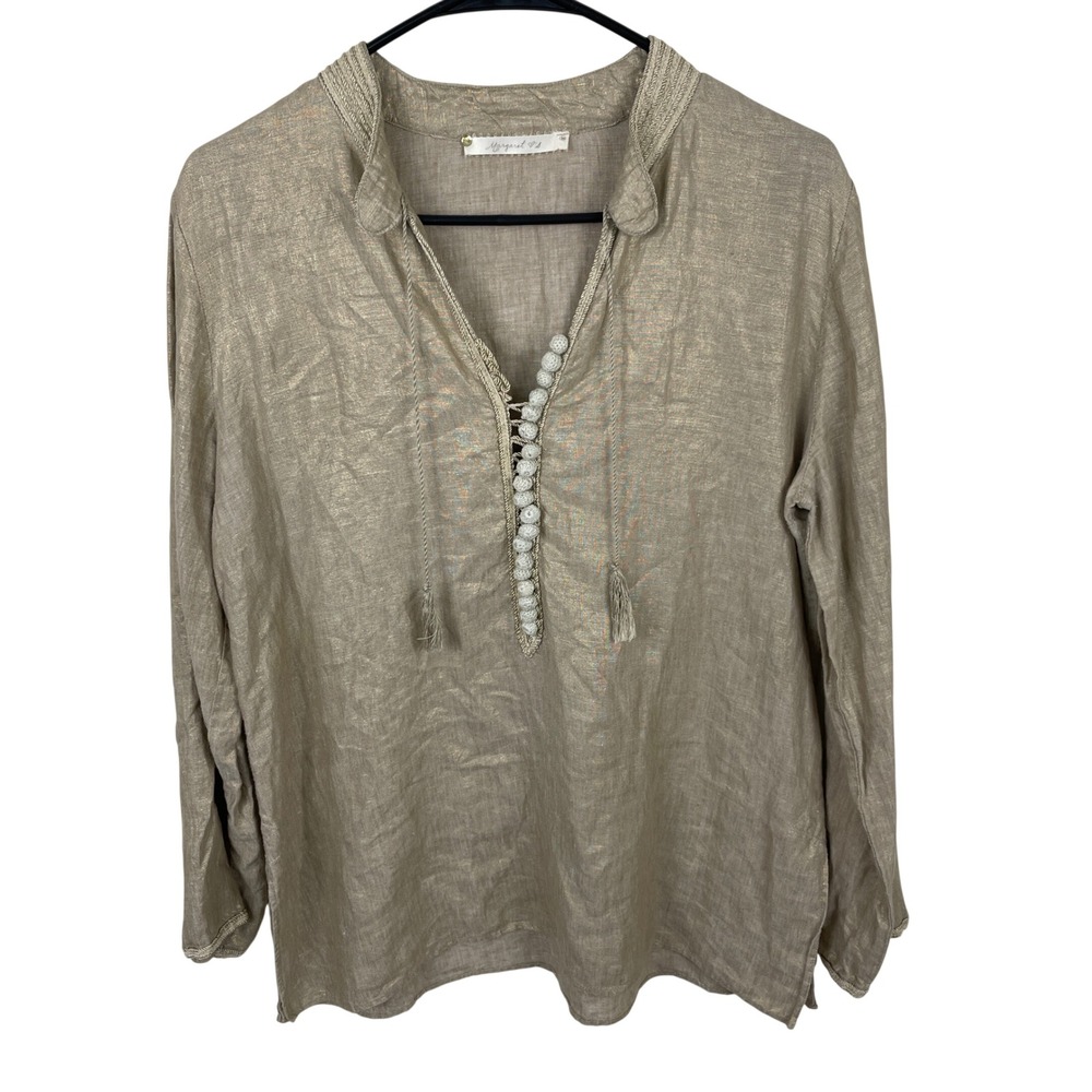 Linen Tunic Shirt Gold Metallic Sheen Beaded V Neck Tassel Size M